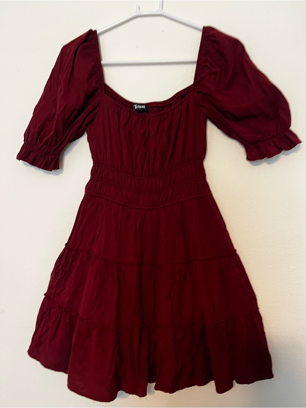 Trixxi Burgundy Square-Neck Tiered Mini Dress